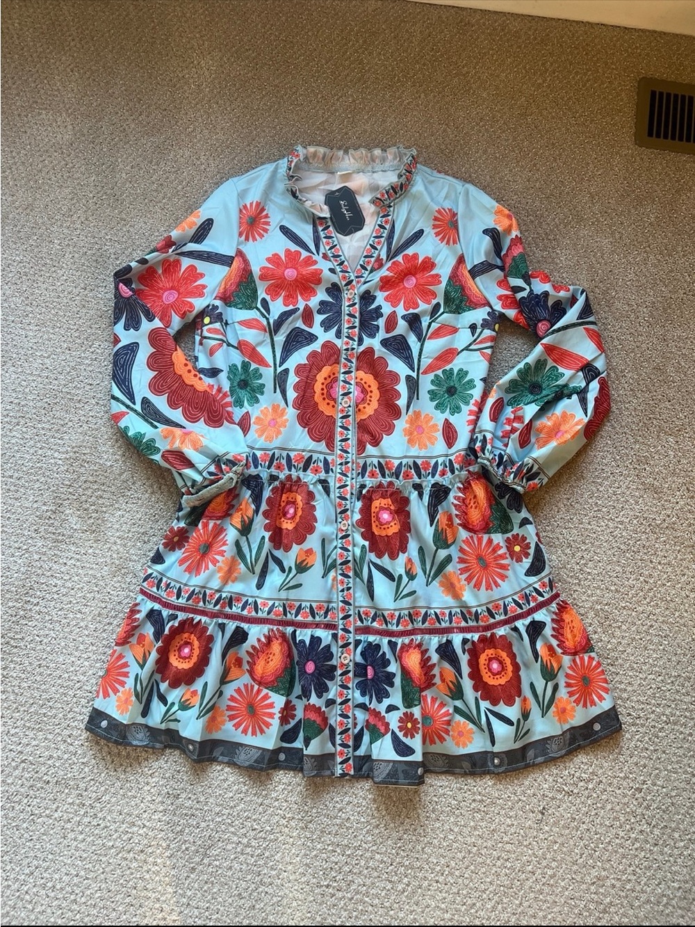 Amazon Women's Asymmetrical Floral Dress - Light Blue with Red, Orange, Green